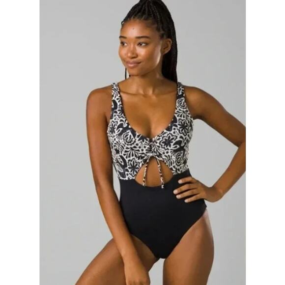 PRANA Women's Ruby Beach One-Piece Swimsuit Small Black Flora Fauna NWT - Picture 1 of 14